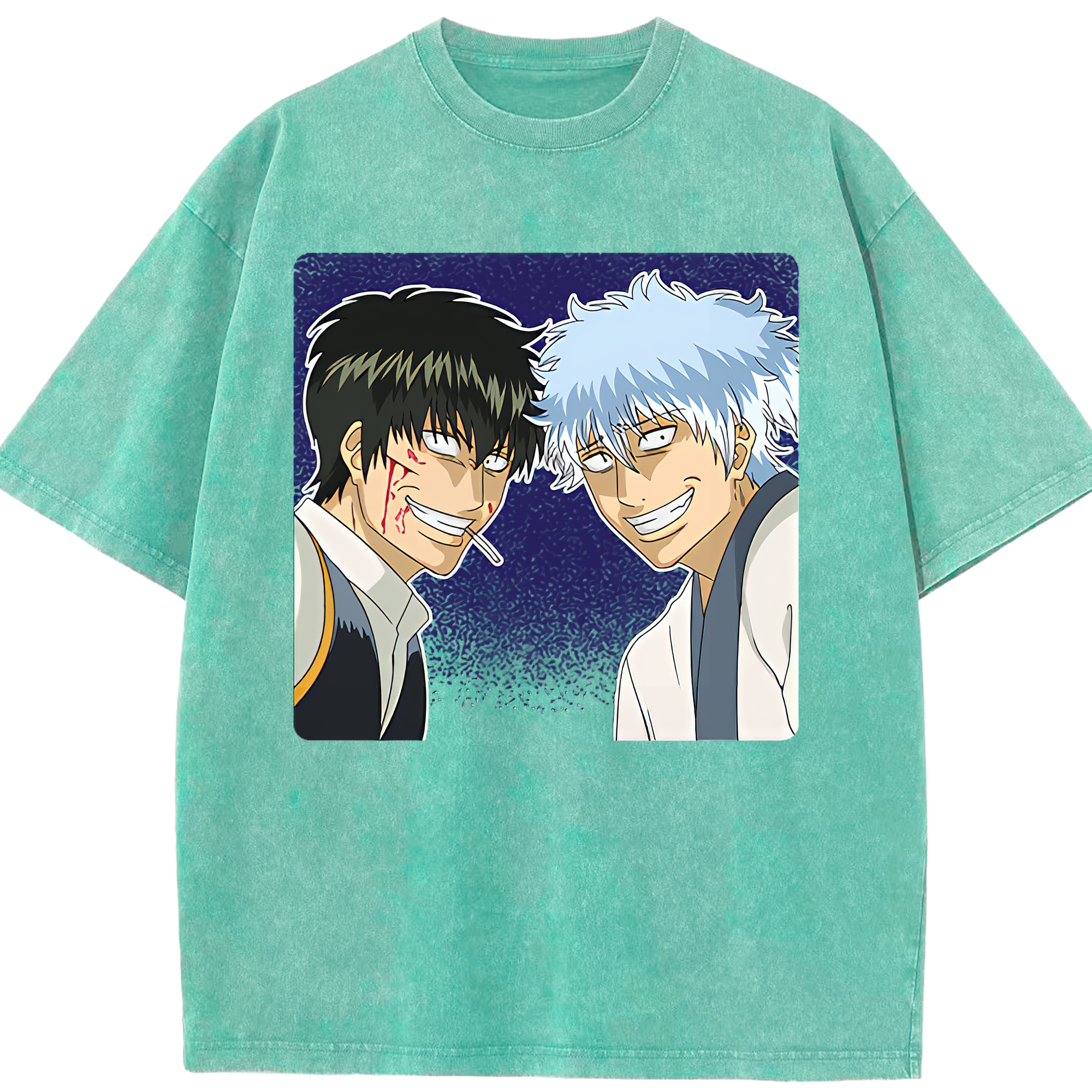 （画像用） ぎんたま 坂田銀時（さかたぎんとき） 神楽 志村新八（しむら しんぱち） GINTAMA Sakata Gintoki Kagura Shimura Shinpachi 綿100% ヴィンテージ風 半袖Tシャツ（フロントプリント）